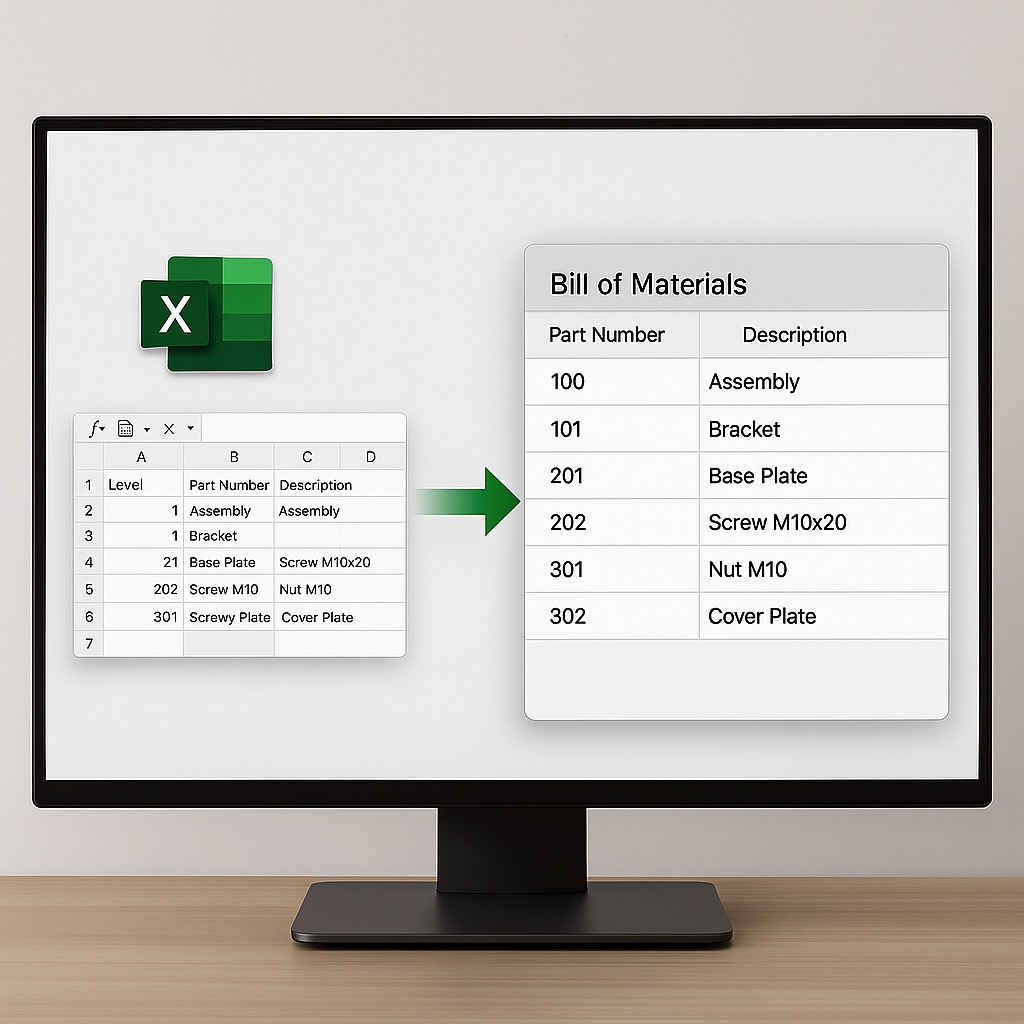 Example of Excel BOM data being imported into FileMaker on screen