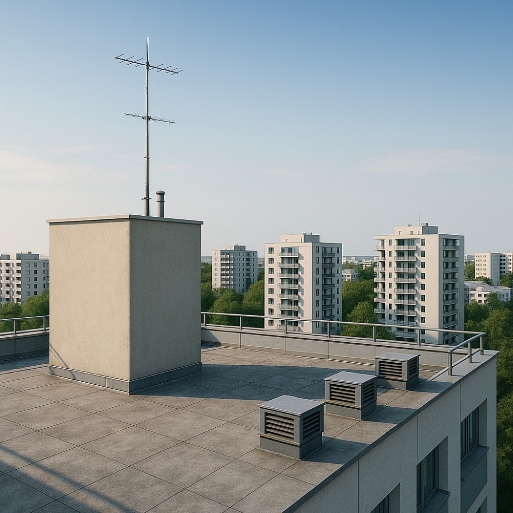 Rooftop with antenna and background view of panel buildings in the city.